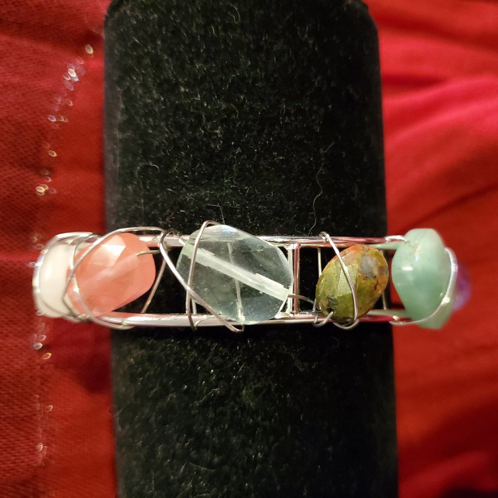 Delicate multi-color stone silver bangle bracelet